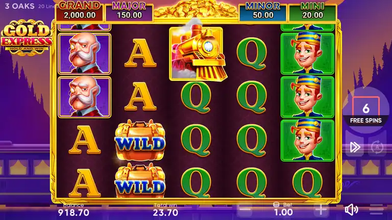 Gold Express Free Spins in progress with wild suitcases on the board and six spins remaining