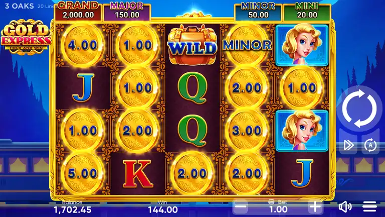 Gold Express base game with the 144.00 win of spin 1612 on the meter and balance at 1,702.45