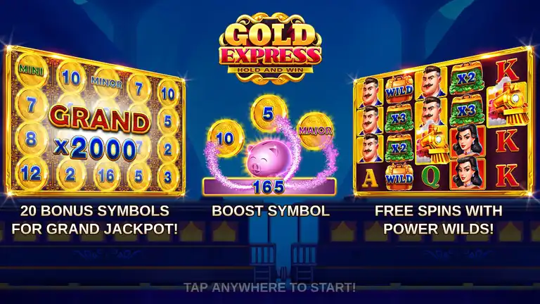 Gold Express intro screen showing the coin board for the Grand Jackpot, the BOOST symbol and Free Spins with Power Wilds
