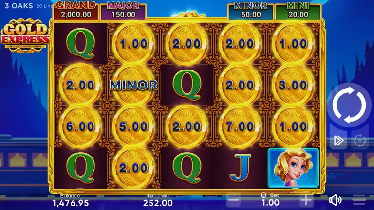 Gold Express base game one spin after the best round of the session settled, balance at 1,476.95