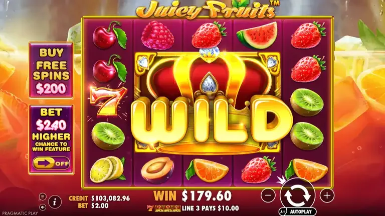 Juicy Fruits base game with a crown wild three cells square on the left of the grid and the win meter at 179.60, balance 103,082.96