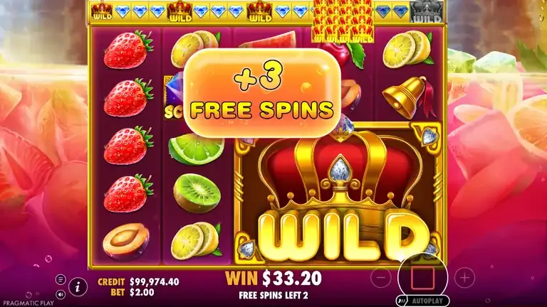 Juicy Fruits free spins with a crown wild three cells square and a plus three free spins banner over the grid, win 33.20