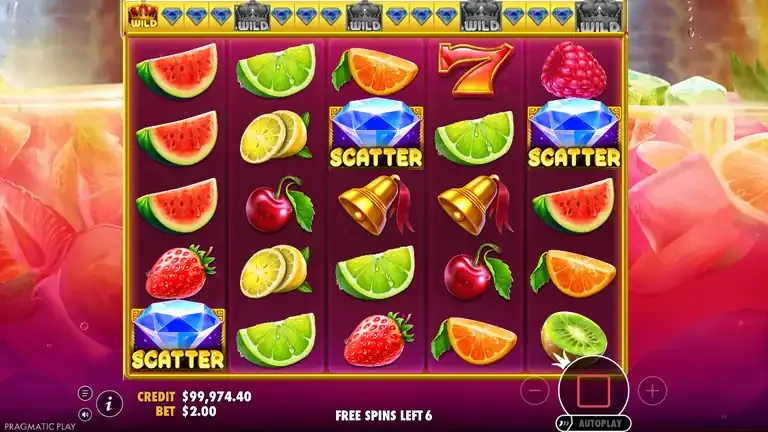 Juicy Fruits free spins opening with three diamond scatters on the grid, six free spins left, balance 99,974.40