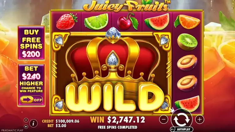 Juicy Fruits free spins completed with a crown wild four cells square on the grid and the win meter at 2,747.12