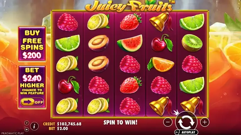 Juicy Fruits base game board one spin before the session high, balance 103,745.68