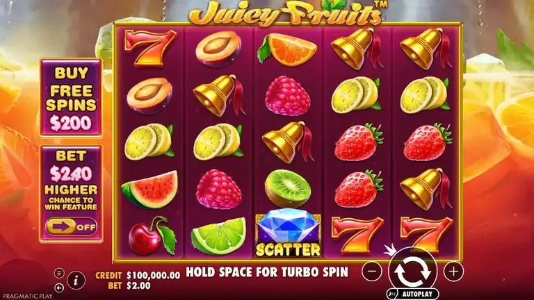 Juicy Fruits base game board at the opening of the logged session, five reels of fruit with a diamond scatter on the fourth reel, balance 100,000.00