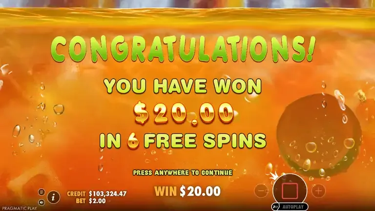 Juicy Fruits congratulations screen reading you have won 20.00 in 6 free spins