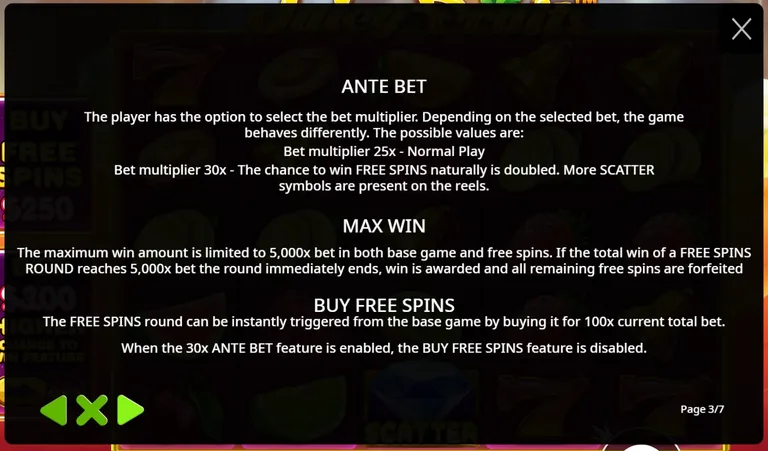 Juicy Fruits rules screen page 3 of 7: the ante bet at 25x normal play and 30x with doubled chance of free spins, the 5,000x max win rule that ends the round, and the buy free spins price of 100x the total bet