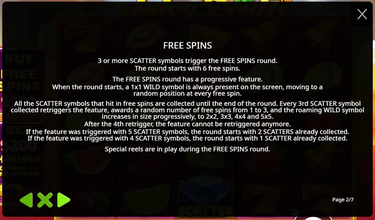 Juicy Fruits rules screen page 2 of 7: the free spins rule, six spins from three scatters, a roaming 1x1 wild, every third scatter collected retriggers with one to three spins and grows the wild to 2x2, 3x3, 4x4 and 5x5, no retrigger after the fourth