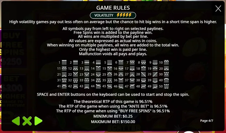 Juicy Fruits rules screen page 4 of 7: the volatility meter at five notches, the fifty payline patterns, the theoretical RTP of 96.51% in three modes, minimum bet 0.25 and maximum bet 150.00