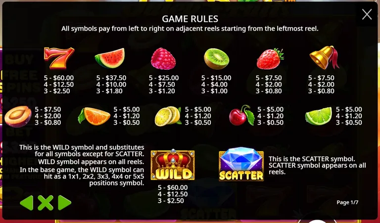Juicy Fruits rules screen page 1 of 7: the paytable at a 2.50 bet, seven 60.00 for five, watermelon 37.50, raspberry 25.00, kiwi 15.00, strawberry, bell and plum 7.50, four low fruits 5.00, the crown wild and the diamond scatter
