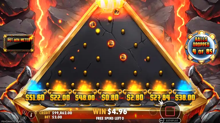 Lava Balls ball drop in progress: ball 4 of 85 falling through the pegged board toward the cash pots