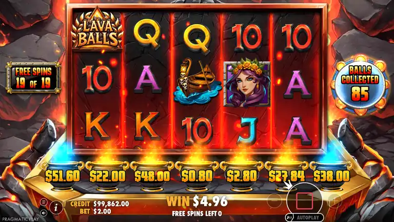 Lava Balls free spins round with 85 balls banked and the seven pots showing cash values