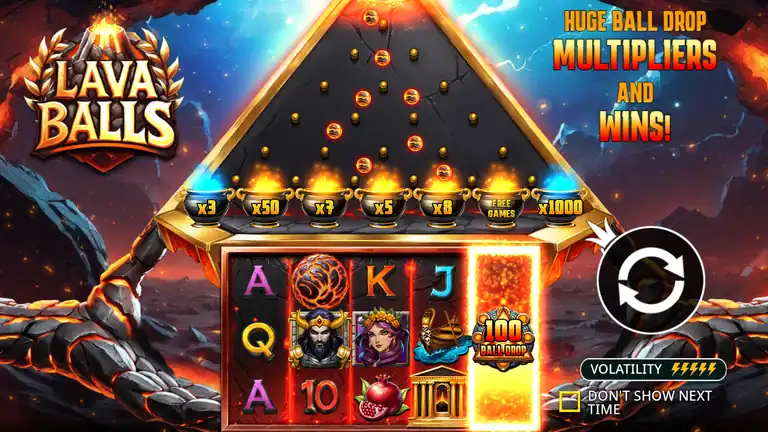 Lava Balls intro board: seven pots with multipliers up to x1000 and the volatility meter at its maximum notch