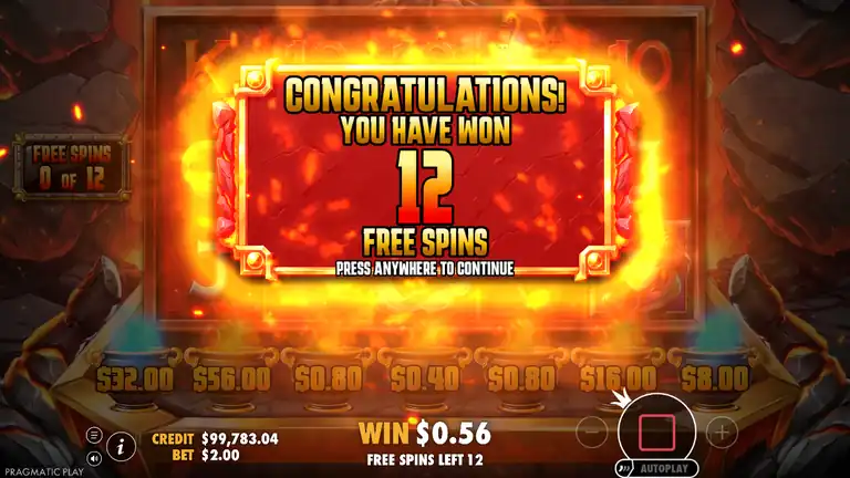 Lava Balls late-session free spins award screen: You have won 12 free spins, balance 99,783.04