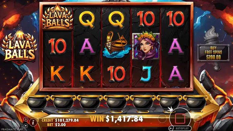 Lava Balls win screen after the ball drop: WIN 1,417.84 on the banner, balance 101,279.84, empty pots below the reels