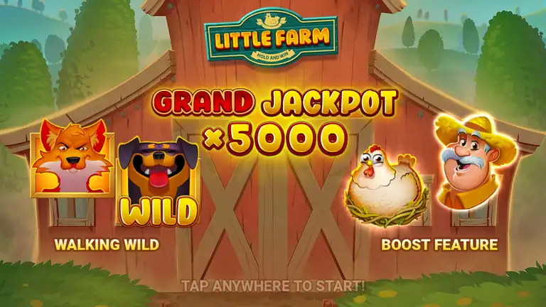 Little Farm loading screen with the GRAND JACKPOT x5000 headline, the Walking Wild fox and dog, and the BOOST Feature farmer