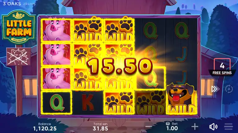 Little Farm Free Spins with the Walking Wild trail of locked wild symbols and a 15.50 win on the meter