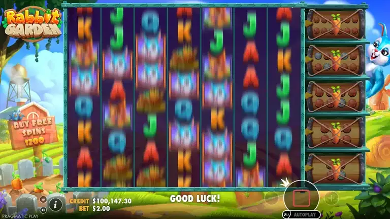 Rabbit Garden base game board at the session close, balance 100,147.30