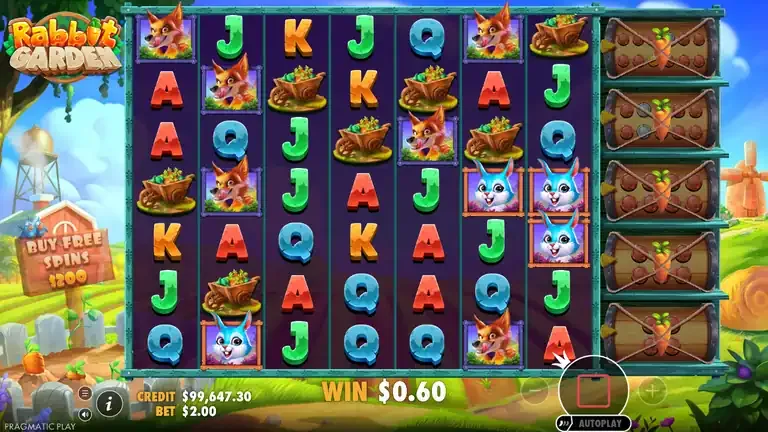 Rabbit Garden base game board near the session low, balance 99,645.90