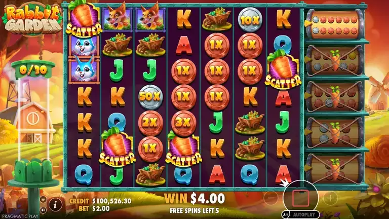 Rabbit Garden free spins board with guaranteed coins on the grid and the points meter at zero