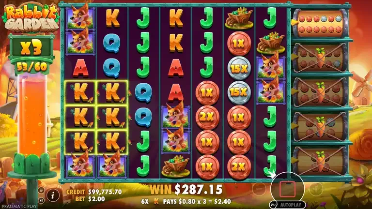 Rabbit Garden free spins at level 3 with the 3x badge, 53 of 60 points, win meter at 287.15