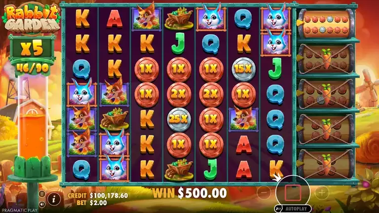 Rabbit Garden free spins at level 4 with the 5x badge, 46 of 90 points, win 500.00 showing