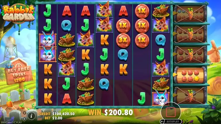 Rabbit Garden base game board with 200.80 on the win meter and coins of 1x and 3x on the grid