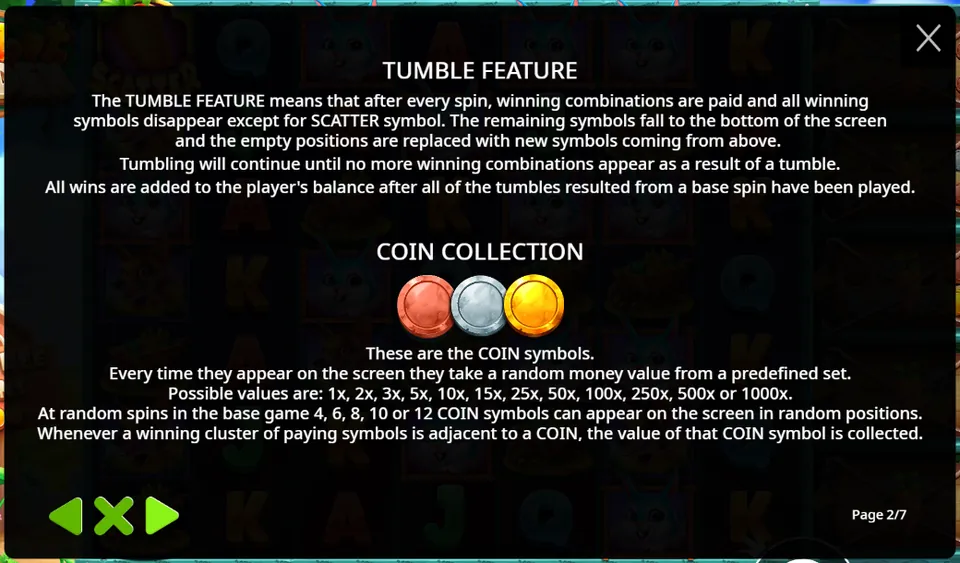 Rabbit Garden rules screen page 2 of 7: the Tumble feature text and the Coin Collection value list