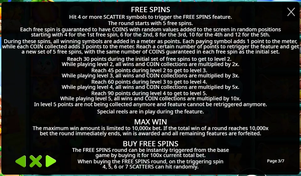 Rabbit Garden rules screen page 3 of 7: free spins, the points ladder, max win and buy free spins