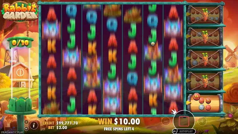 Rabbit Garden free spins award screen showing five free spins won, balance 99,771.70