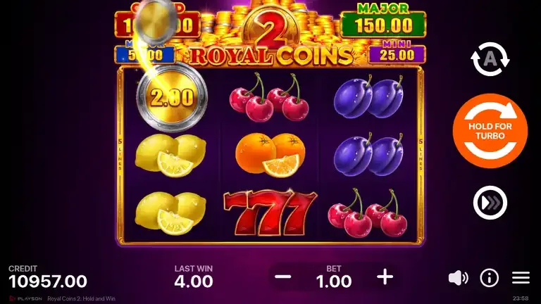 Royal Coins 2: Hold and Win base game board at the session close with a 2.00 coin on the left reel, balance 10,957.00