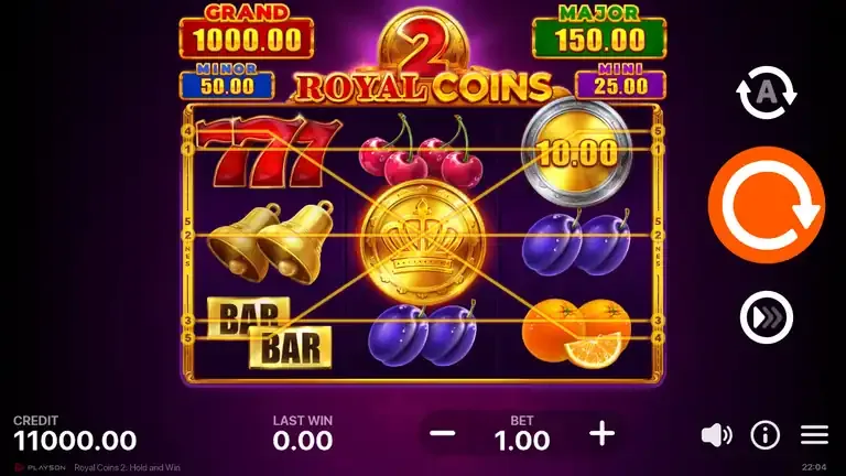 Royal Coins 2: Hold and Win base game board at the opening of the logged session, with a 10.00 coin on the right reel, a crown in the centre and the five paylines drawn, balance 11,000.00