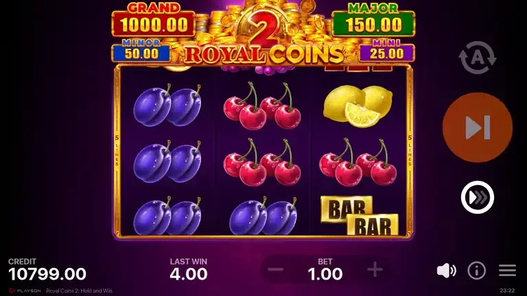 Royal Coins 2: Hold and Win base game at the settled low of the session, balance 10,799.00
