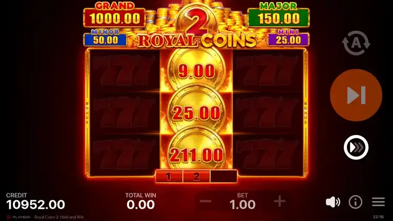 Royal Coins 2: Hold and Win Bonus Game in the last respins of round 5 with three crowns on the middle reel reading 9.00, 25.00 and 211.00, balance 10,952.00