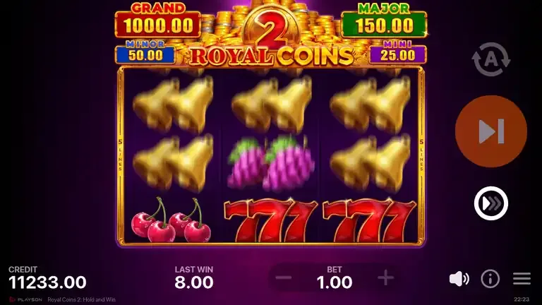 Royal Coins 2: Hold and Win base game one spin after the session high, last win 8.00, balance 11,233.00