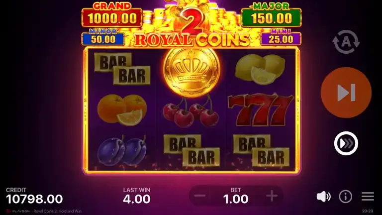 Royal Coins 2: Hold and Win base game with one crown at the top of the middle reel and no coins on the outer reels, balance 10,798.00