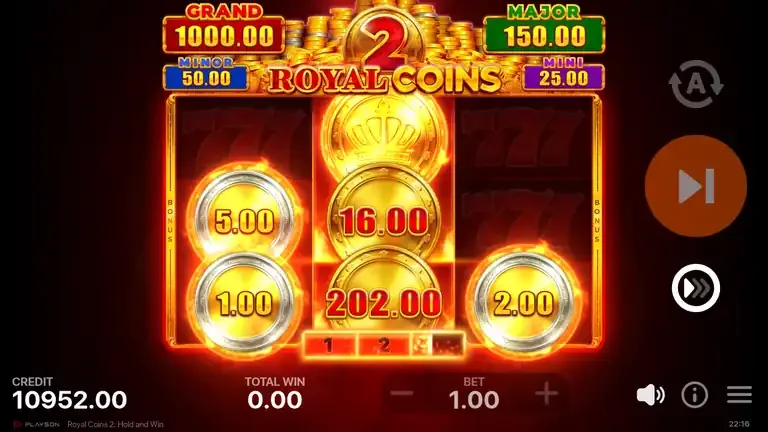 Royal Coins 2: Hold and Win Bonus Game on the eleventh respin of the best round, a new crown above two crowns reading 16.00 and 202.00, with coins of 5.00, 1.00 and 2.00 on the outer reels, balance 10,952.00