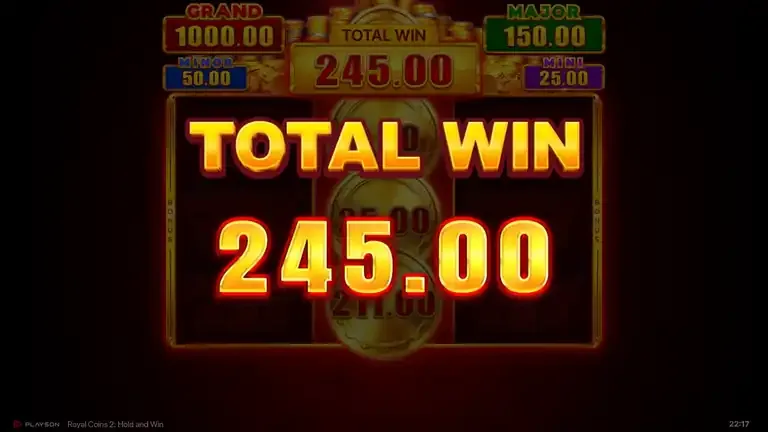 Royal Coins 2: Hold and Win Bonus Game closing with a TOTAL WIN 245.00 banner over three crowns on the middle reel
