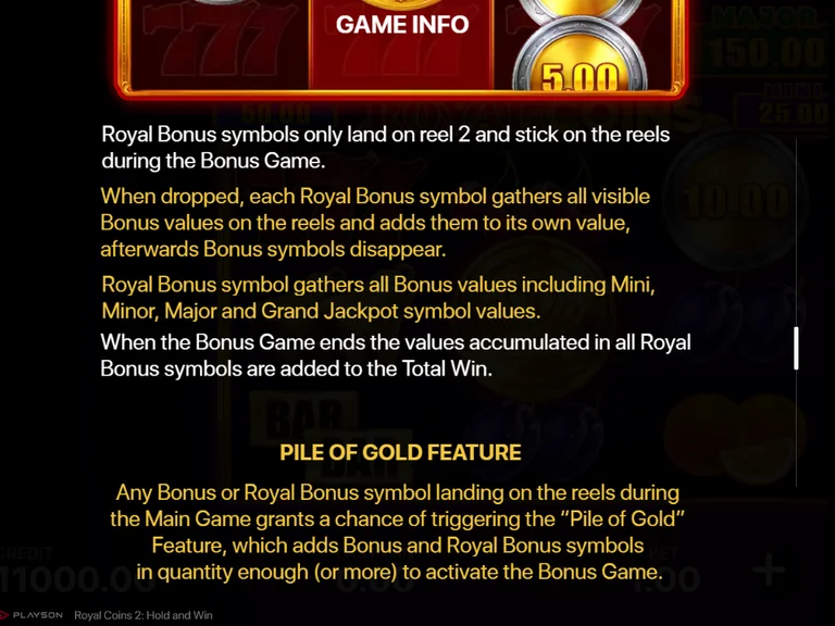 Royal Coins 2: Hold and Win Game Info page: the Royal Bonus Feature text, each Royal Bonus symbol gathers all visible Bonus values and adds them to its own value, and the Pile of Gold Feature text below it