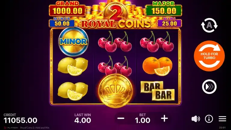 Royal Coins 2: Hold and Win base game with a MINOR coin on the first reel and a crown on the second while the third reel shows cherries, an orange and BAR, balance 11,055.00