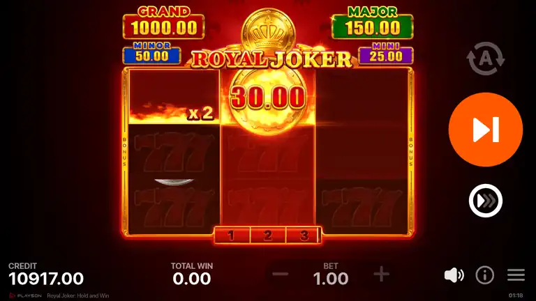 Royal Joker Bonus Game early board: one collector at 30.00 on the middle reel, a x2 cell already set, three respins on the counter