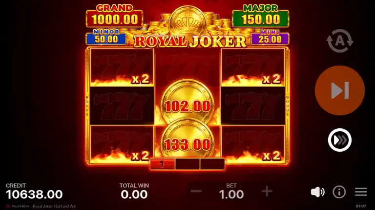 Royal Joker Bonus Game with two collectors at 102.00 and 133.00 and four x2 cells