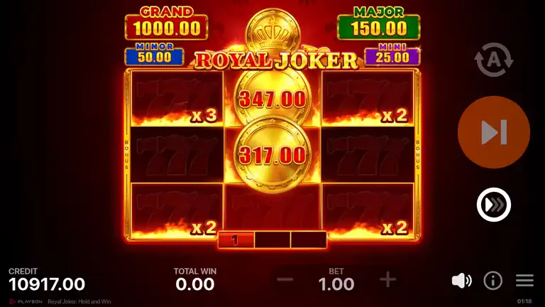 Royal Joker: Hold and Win by Playson: two Royal Bonus collectors holding 347.00 and 317.00 under the four fixed jackpot values
