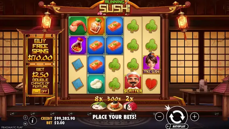 Running Sushi base game board with one Take Sushi on the fifth reel and a conveyor of three plates tagged 8x, 300x and 2x, balance 99,382.90