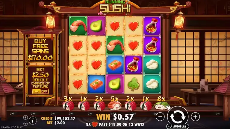 Running Sushi base game board on the last paid spin of the session, final balance 99,170.60
