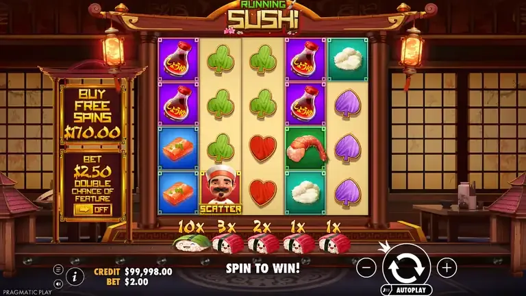 Running Sushi base game board at the opening of the logged session, balance 99,998.00 after the first stake