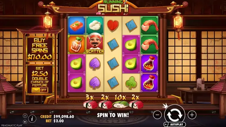 Running Sushi base game board at the session low, balance 99,098.60 after spin 2,749