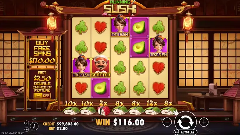 Running Sushi base game board with three Take Sushi symbols on reels 1, 3 and 5 collecting a belt of seven plates worth 58 bets, win 116.00, balance 99,803.40