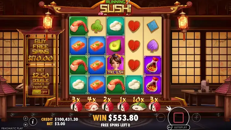 Running Sushi base game board right after round 2 was credited, balance 100,431.30, win counter 553.80